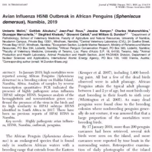 Avian Influenza H5N8 Outbreak in African Penguins (Spheniscus demersus), Namibia, 2019