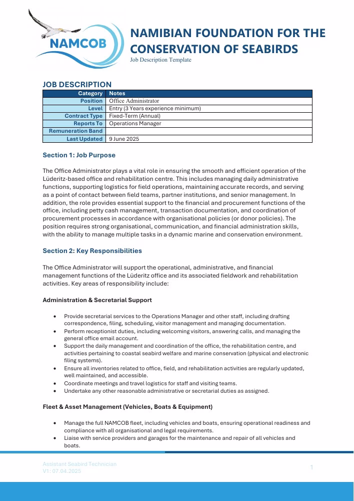 First-page preview of Office Administrator — Job Description